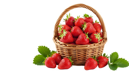 A wicker basket overflowing with ripe, red strawberries, with green leaves scattered around.