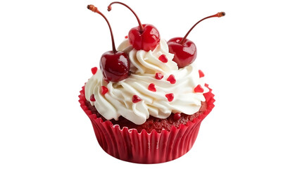 A delicious red velvet cupcake with white frosting, cherries, and heart-shaped sprinkles.