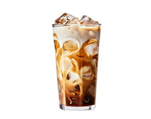 A refreshing iced coffee beverage with milk and ice cubes, a perfect summer drink.