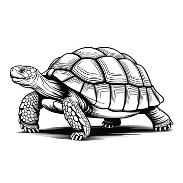 Detailed black and white sketch of a tortoise walking