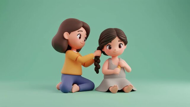 Cute claymation figures of a mother braiding her daughter's long dark hair against a soft green background.