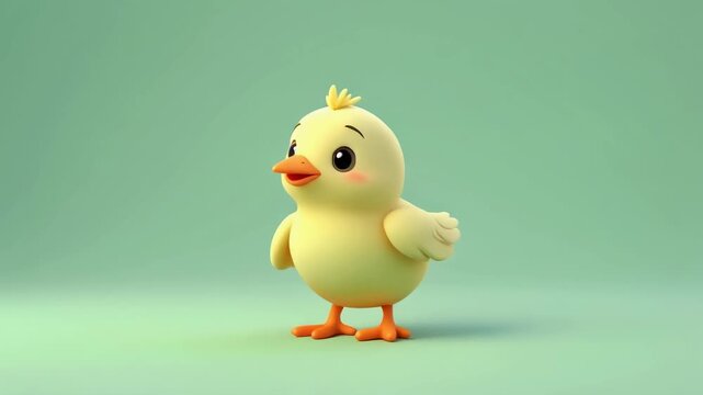A charming 3D rendered illustration of a cute yellow baby chick with big eyes and an orange beak, standing on a soft green background.
