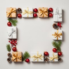 Obraz premium Christmas gift box frame with ornaments, pine cones, and fir branch on a white background for holiday greeting card or banner template.