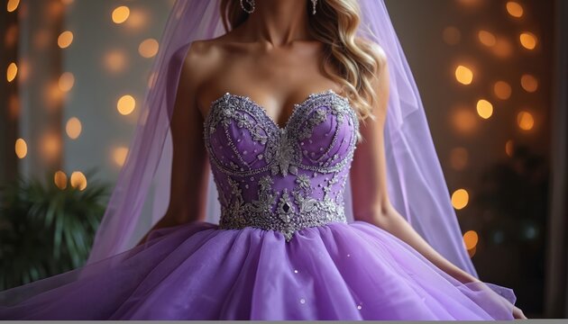 Blonde woman wears purple wedding dress with decorations and veil. Bridal gown has many details. Luxury apparel for special occasion. Beautiful hair style and bright lights background.