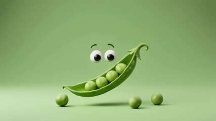 A cute 3D rendered cartoon pea pod with googly eyes smiling, containing green peas, on a light green background.