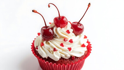 Close-up shot of a red velvet cupcake topped with white frosting and cherries.