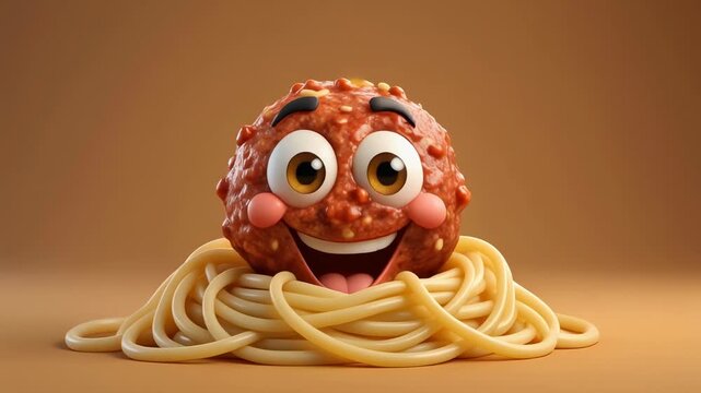 A cheerful cartoon meatball character with big eyes and a wide smile, sitting on a bed of golden spaghetti noodles against a warm brown background.