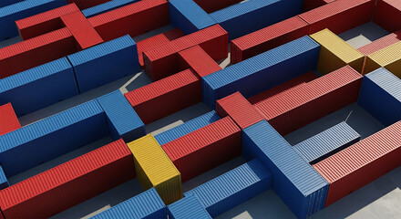 Aerial view of multicolored cargo containers stacked in shipping yard