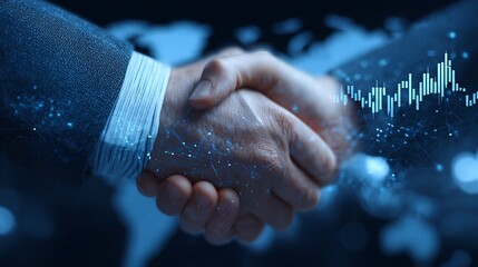 Closeup of a Blue Toned Handshake with Blurred World Map Background Featuring a Futuristic Graph Overlay