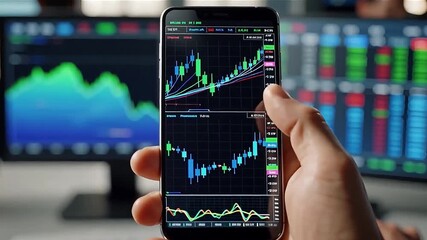 Investor monitoring real-time stock market data and financial charts on a mobile phone, demonstrating digital investment strategies and market analysis with background monitors - Powered by Adobe
