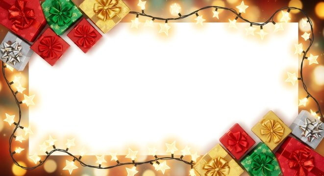White copy space frame decorated with Christmas gift box and star fairy lights. Festive holiday season background for text or advertisement banner.