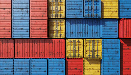 Colorful stacked shipping containers in red, blue, yellow and pink aerial view