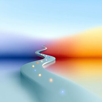 A smooth, light blue winding path with colorful glowing lights stretches into a vibrant horizon of orange and yellow hues, set against a soft blue sky. Abstract