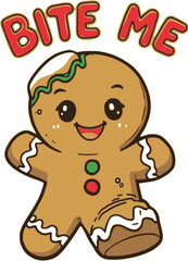 Obraz premium Cheerful Holiday Gingerbread Cookie Character with Sweet Icing and a Fun, Cheeky 'Bite Me' Message, Christmas Dessert Theme