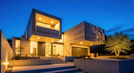 Modern luxury concrete house exterior illuminated at dusk with dramatic lighting highlighting architectural volumes and a lit tree in the foreground