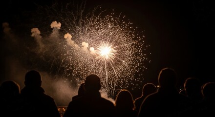 Spectacular night sky illuminated by dazzling fireworks as a crowd watches in awe during a festive