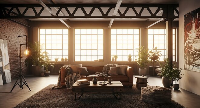 Cozy living room with large windows and natural light. - Powered by Adobe