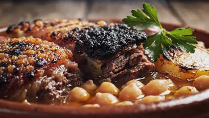 Hearty Cassoulet Dish A Rustic French Stew with White Beans Sausage and Duck Confit SlowCooked to Perfection in a Traditional Terracotta Pot Ideal for Comfort Food and Culinary Exploration.