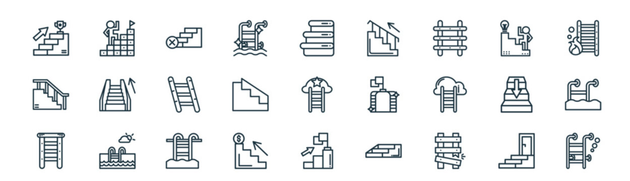 modern linear ladder icon set. vector thin line outline symbols for ui/ux app and web interfaces. minimal stroke collection including ladder, ladder,