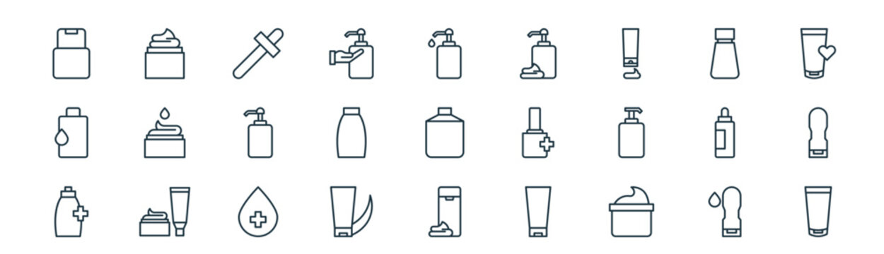 modern linear gel icon set. vector thin line outline symbols for ui/ux app and web interfaces. minimal stroke collection including gel, gel, pipette,