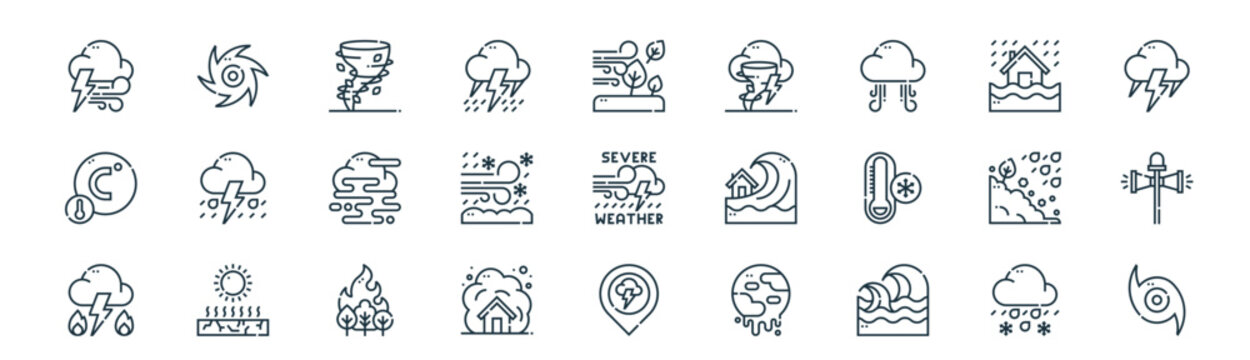 modern linear extreme weather icon set. vector thin line outline symbols for ui/ux app and web interfaces. minimal stroke collection including freezing rain, tropical storm, tornado, flash flood,