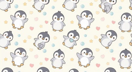 Obraz premium Adorable collection of cartoon penguins with various playful poses surrounded by colorful hearts