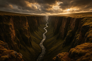 Dramatic canyon landscape with river winding through the rugged terrain under a cloudy sky.