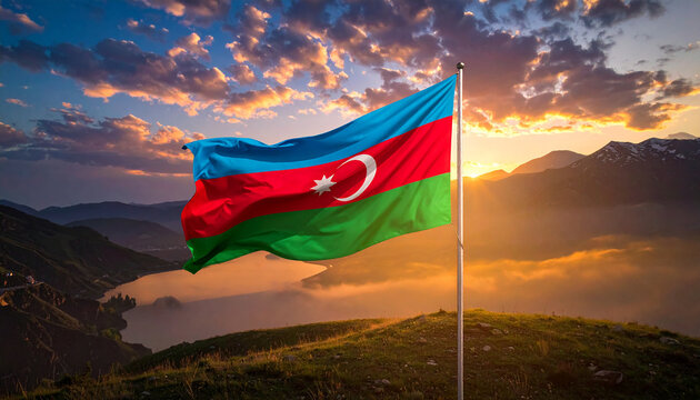Azerbaijan flag with sunset sky – cultural and patriotic concept