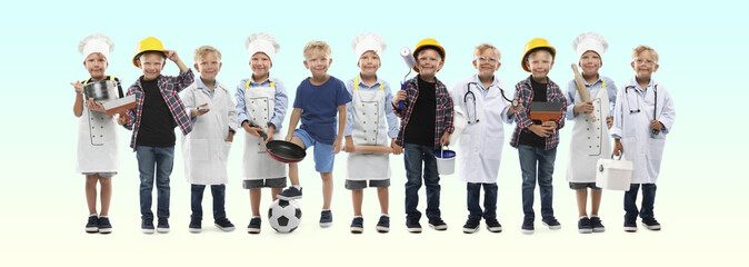 Obraz premium Little kid in different clothes on color gradient background, collage. Choice of profession. Same boy representing various occupations