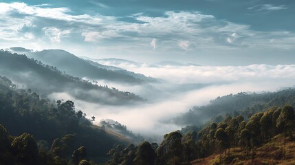 An atmospheric view of low-lying clouds and mist moving through a tranquil mountain landscape with evergreen trees