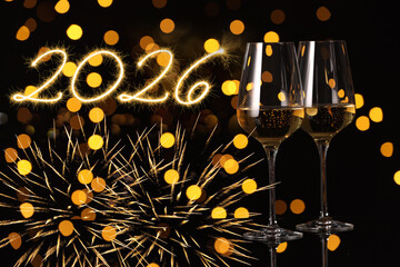 Happy New Year 2026 card with glasses of wine, bokeh lights and fireworks on black background