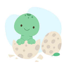 Cute baby dinosaur hatching from spotted egg with happy smile, dinosaur illustration symbolizing new life and discovery, perfect for nursery prints, toys, educational art and playful children s design