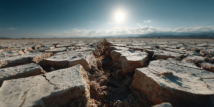 Vast arid landscape featuring deeply cracked earth under a blazing sun, symbolizing extreme drought and environmental impact with a sense of desolation - Powered by Adobe
