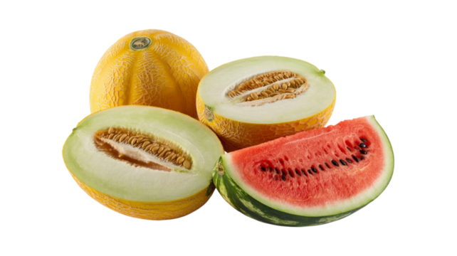 Fresh whole and sliced melons and watermelon fruit isolated on white isolated on transparent background