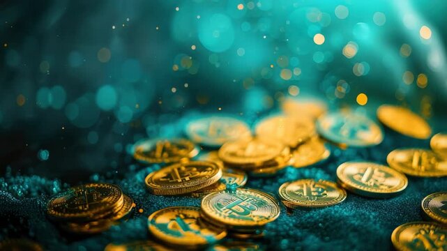 Golden coins on sparkling blue background with bokeh lights