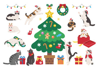 クリスマスを楽しむかわいい猫のイラスト