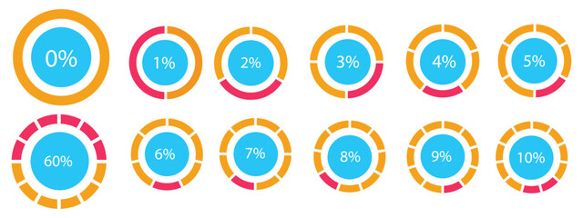 Percentage infographics elements. Round diagrams icons for infographics from 0 to 100 percent. Black, grey color fill divided pie charts indicator layout. Mockup of circle graph loading