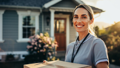 Happy Caucasian female courier holding cardboard box at residential doorstep during golden hour sunset