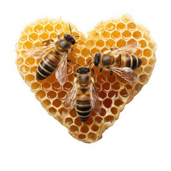  Three bees on heart-shaped honeycomb on a white background.