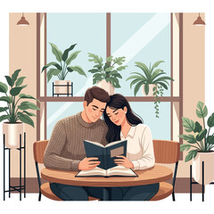 Romantic Couple Reading a Book Together in Cozy Caf&eacute;