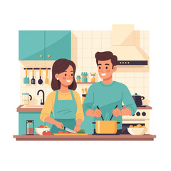 Happy Couple Cooking Together in Cozy Kitchen Illustration