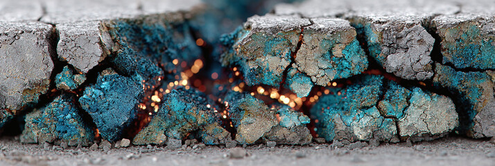 Vibrant luminescence radiating from intricate cracks within a textured, oxidized material, illustrating dynamic internal forces and potential structural failure