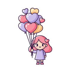 Cute Girl Holding Colorful Heart Balloons Illustration
