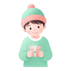 Cute Boy Holding Gift Box in Winter Clothes