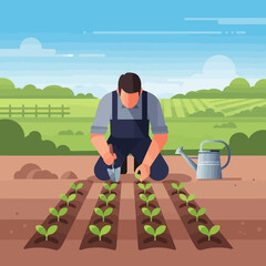 Gardener Planting Seedlings in Farmland Illustration