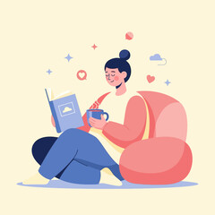 Relaxed Woman Reading a Book with Coffee Illustration
