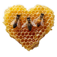  Three bees on heart-shaped honeycomb on a white background.
