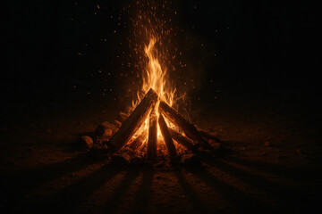 Burning campfire at night with glowing flames and sparks