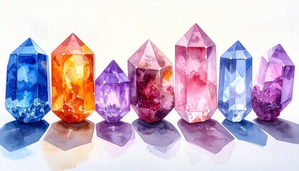 Elegant watercolor illustration of various faceted birthstones and healing crystals in soft, ethereal pastel tones with delicate shadows on a clean white background