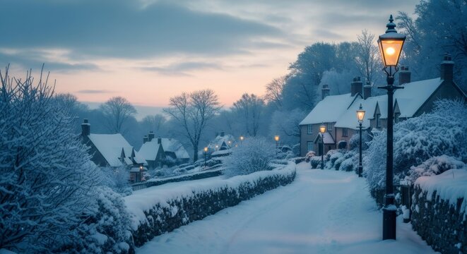 Snowy village street with glowing gas lamps and cozy cottages at dusk. Idyllic winter landscape for Christmas and New Year greeting card or background. - Powered by Adobe